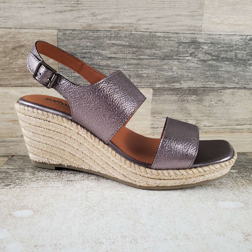 Softwalk Hartley Womens Sandals Sz 9.5 M Pewter Metallic Leather Wedge Heel